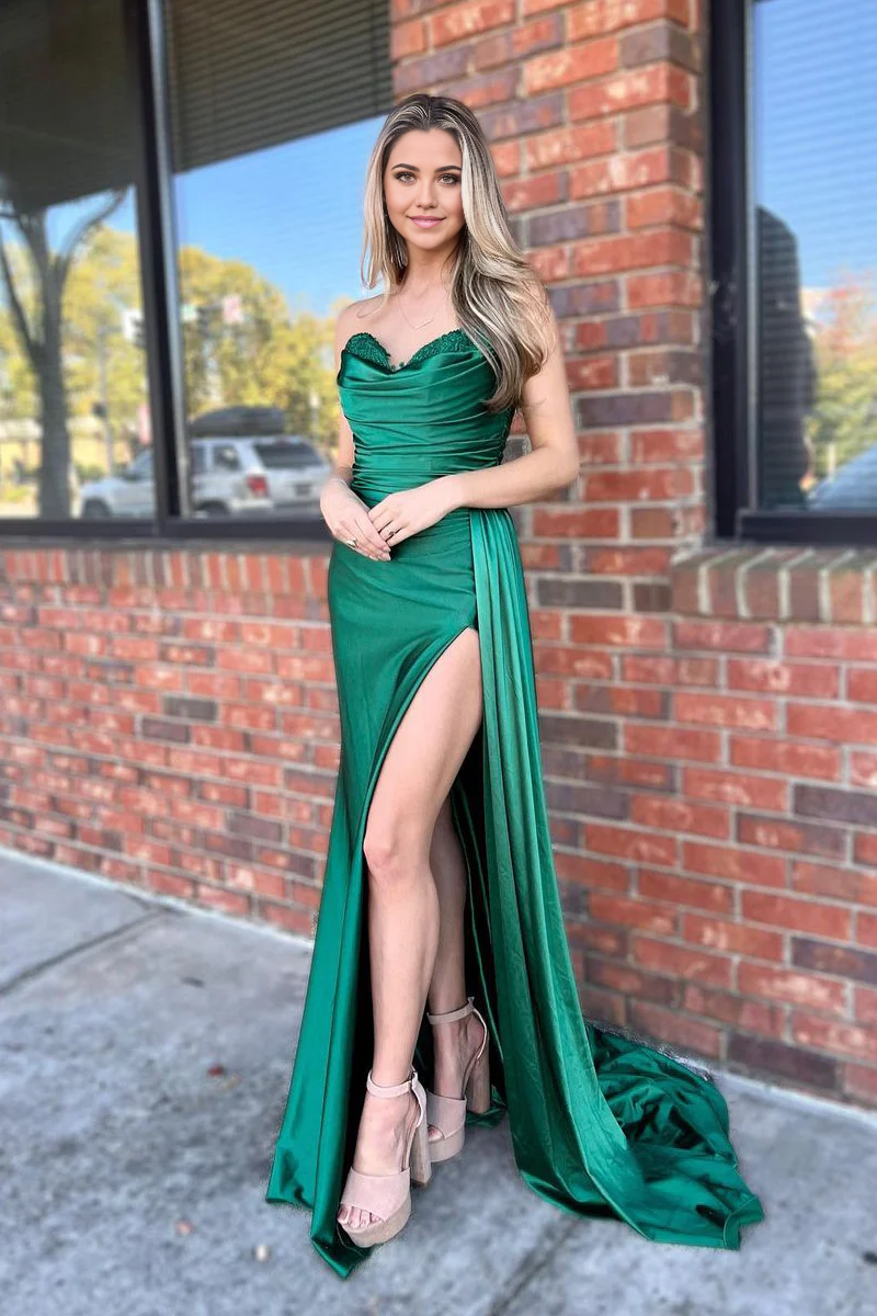 Mermaid Sweetheart Green Satin Prom Dresses with Slit